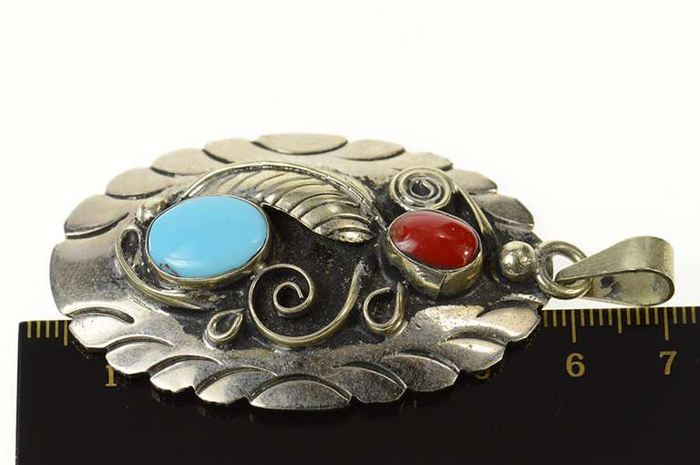Sterling Silver Turquoise Cinnabar Ornate Native American Pendant