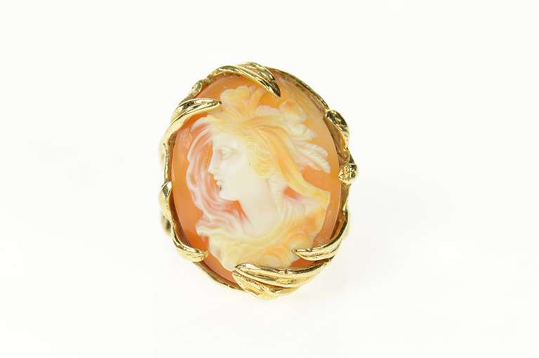 14K Yellow Gold Ornate Carved Lady Shell Cameo Statement Ring
