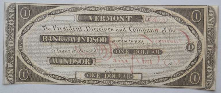 Vermont Bank Of Windsor One Dollar Note 1838 Printed By Perkins