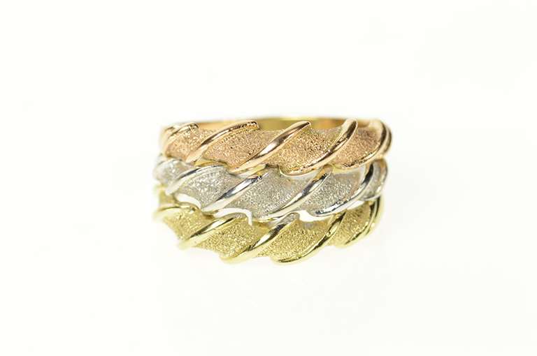 14K Yellow Gold Tri Tone Tiered Twist Textured Statement Band Ring