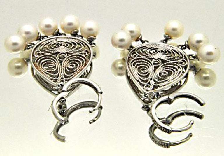 6MM CULTURED PEARL AND DIAMOND CHANDELIER EARRINGS.