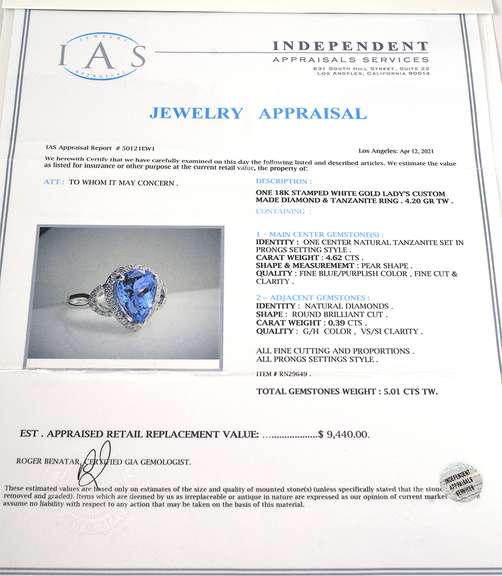 Entrancing 4.62CT Tanzanite & Diamond Ring in 18KT White Gold