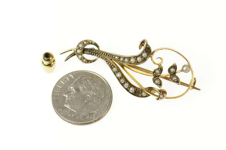 9K Yellow Gold Victorian Ornate Seed Pearl Floral Vine Pin/Brooch