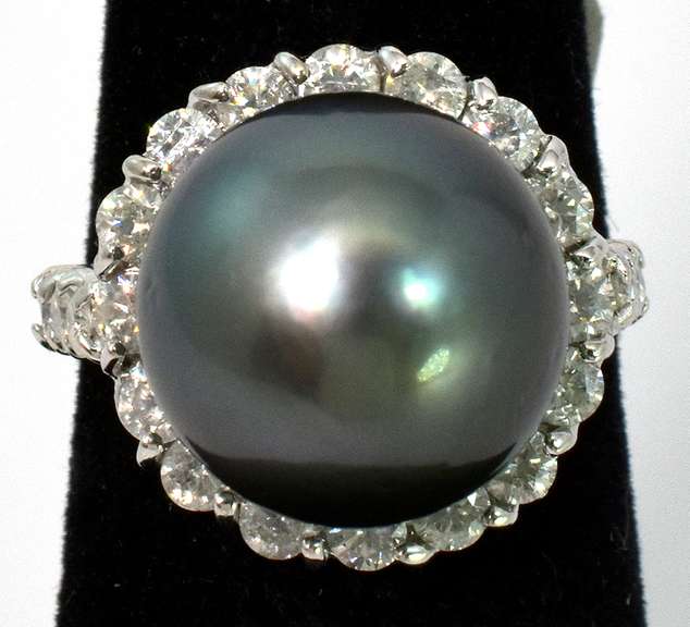 Rotund Black Tahitian Pearl & Diamond Ring in 14KT White Gold