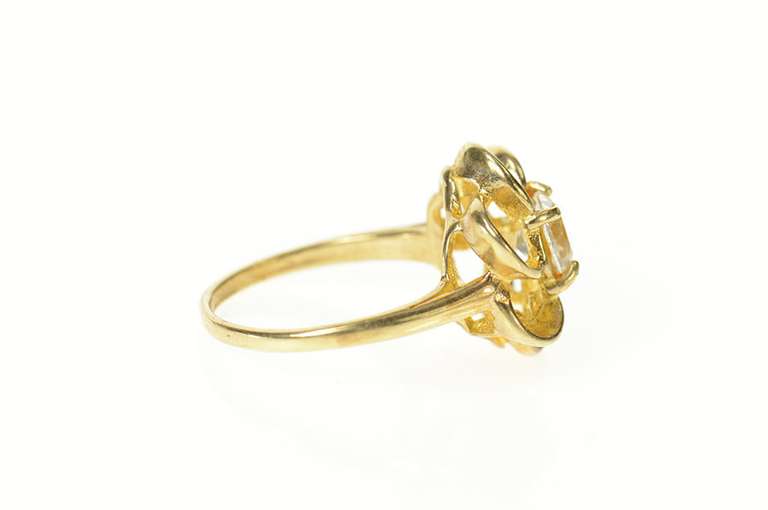 10K Yellow Gold Retro Blue Topaz Swirl Flower Cocktail Ring