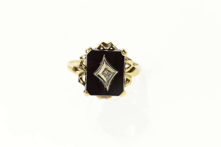 10K Yellow Gold Black Onyx Squared Diamond Accent Ornate Ring