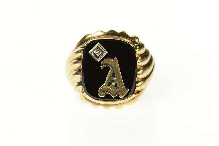 10K Yellow Gold Black Onyx Diamond A Monogram Initial Ornate Ring