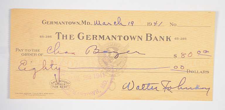 Walter Johnson Washington Senators Signed/Autographed Bank Check 1941