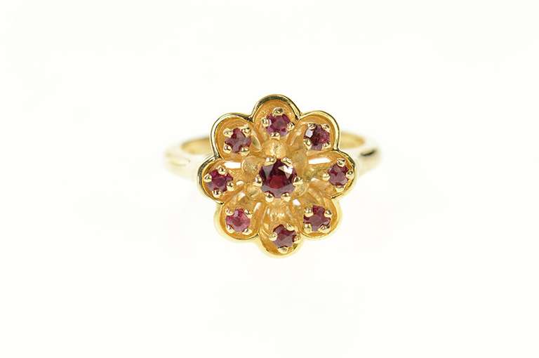14K Yellow Gold 1960's Retro Ruby Flower Cluster Statement Ring
