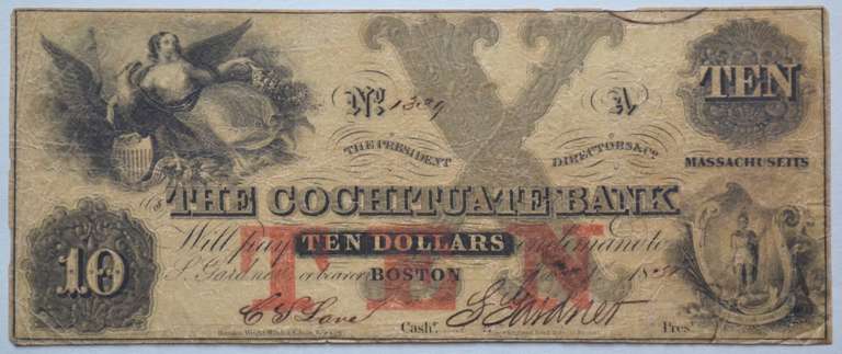 $ 10 Cochituate Bank Boston 1851  Note