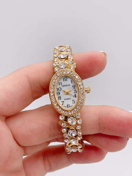 Ladies Geneva & Gemstone Cuff Watch, 18kt Gold Plated