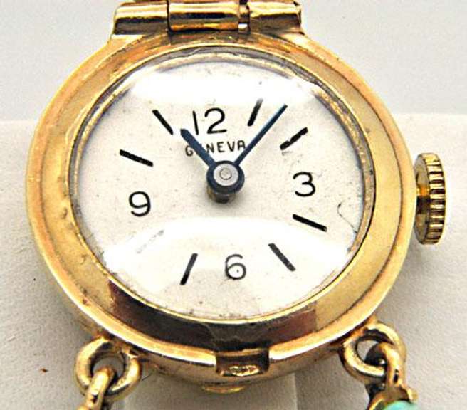 14 KT GENEVA WATCH PIN WITH TURQUOISE ACCENTS