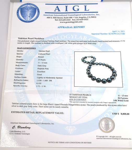 Breathtaking Dark Gray Tahitian Pearl Necklace with 14KT White Gold Clasp