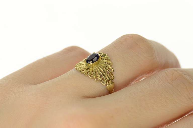 14K Yellow Gold Ornate Scalloped Oval Sapphire Statement Ring