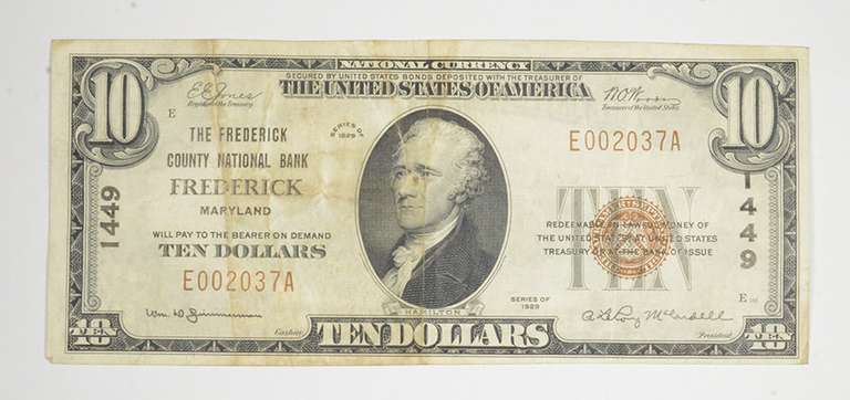 1929 $10 Frederick, Maryland United States National Currency