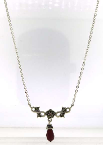 Italian Sterling Silver Red Stone dangle Necklace