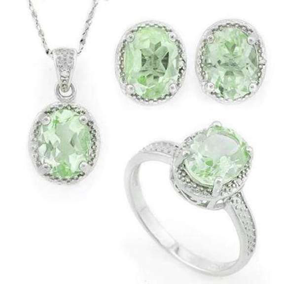 BEAUTEOUS! 6 2/5 CARAT GREEN AMETHYST & DIAMOND STERLING SILVER SET