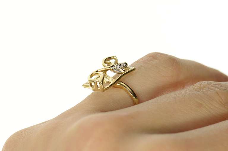 10K Yellow Gold Squared Vine Leaf Design Diamond Statement Ring