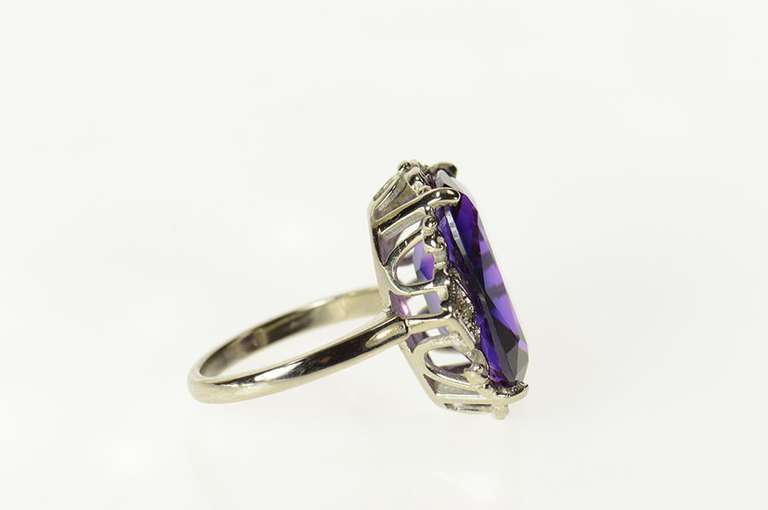 10K White Gold Ornate Art Deco Amethyst Diamond Cocktail Ring