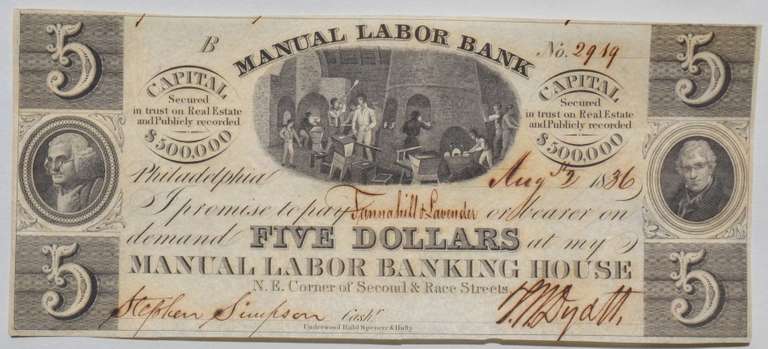 $ 5 Manual Labor Bank Philadelphia Obsolete NoteCh CU