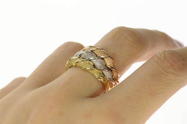 14K Yellow Gold Tri Tone Tiered Twist Textured Statement Band Ring