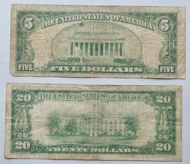 $5 St Louis & $ 20 New York 1929 Series National Currency Notes