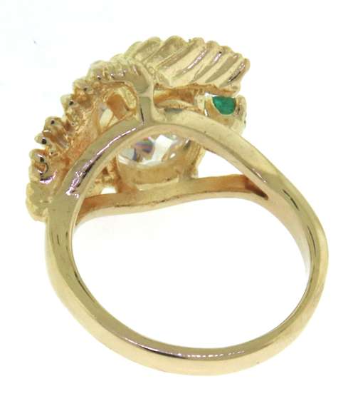 Wonderful Yellow Gold Glass Ring w Green Stone and Leaf Details