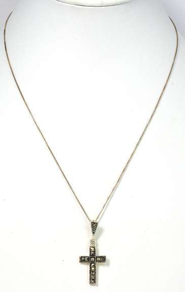 Dark Marcasite Cross Necklace in Sterling Silver
