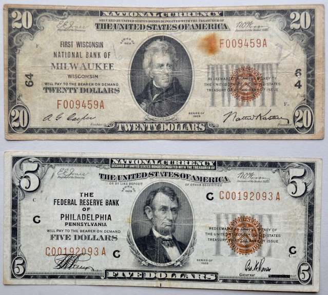 $5 Philly & $ 20 Milwaukee 1929 Series National Currency Notes