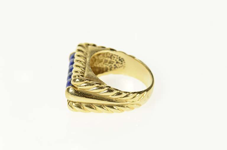 14K Yellow Gold Retro Carved Lapis Lazuli Squared Rope Ring