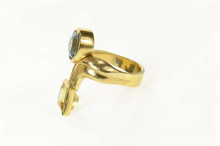 14K Yellow Gold Retro Ornate Blue Topaz Citrine Statement Ring