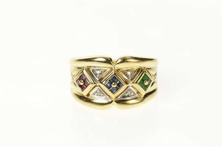 14K Yellow Gold Square Emerald Ruby Sapphire Diamond Band Ring