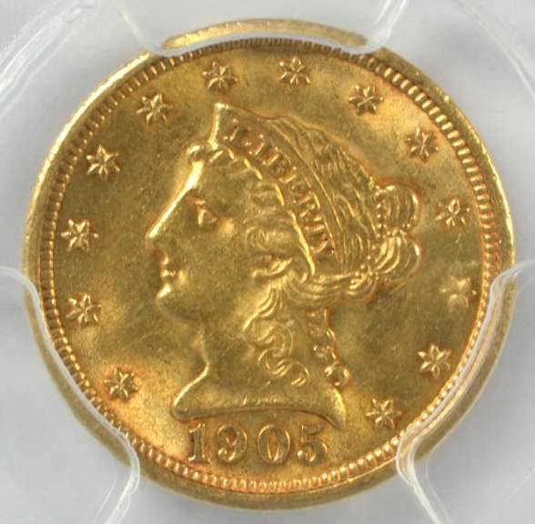 Fresh BU 1905 US $2.50 Liberty Gold Piece. PCGS MS62