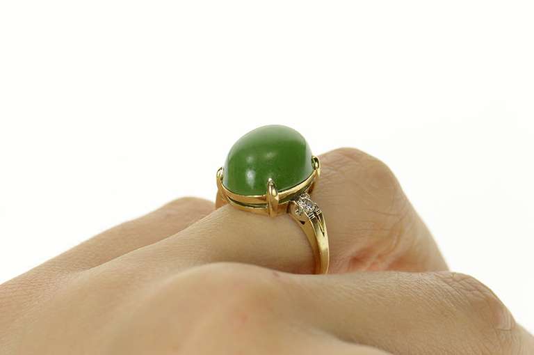 14K Yellow Gold Oval Nephrite Cabochon Ornate Cocktail Ring