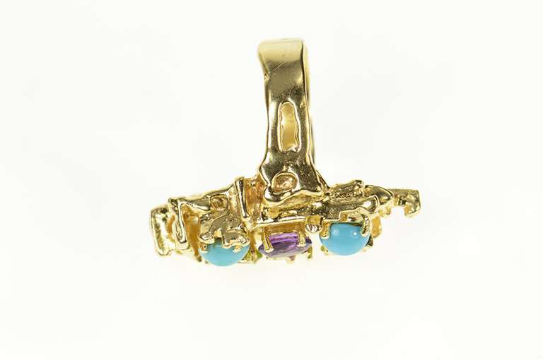 14K Yellow Gold Turquoise Peridot Amethyst Abstract Cocktail Ring