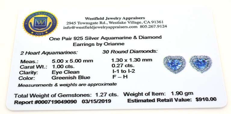 Sweet Heart Aquamarine & Diamond Heart Earrings in Sterling Silver