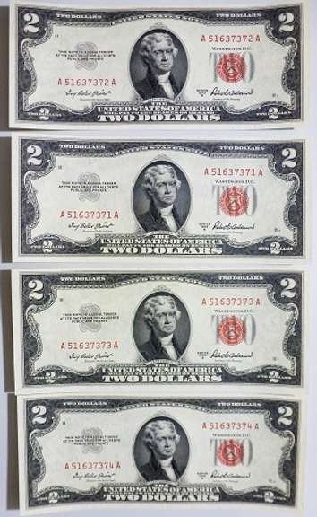 (4) Gem Crisp 1953A $2 Red Seal Notes-Consecutive!