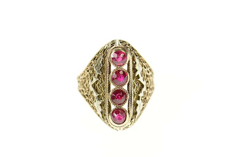 10K Yellow Gold Victorian Ornate Syn. Ruby Filigree Dinner Ring
