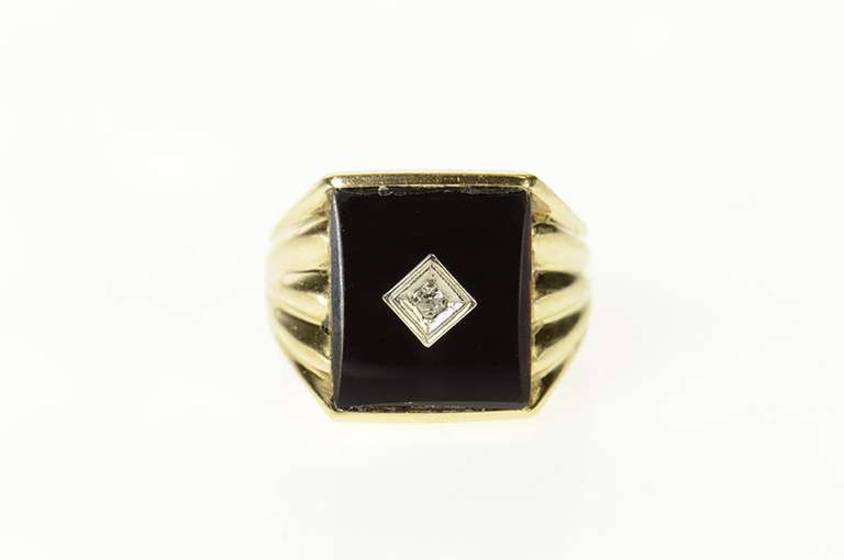 10K Yellow Gold Retro Black Onyx Diamond Statement Ring