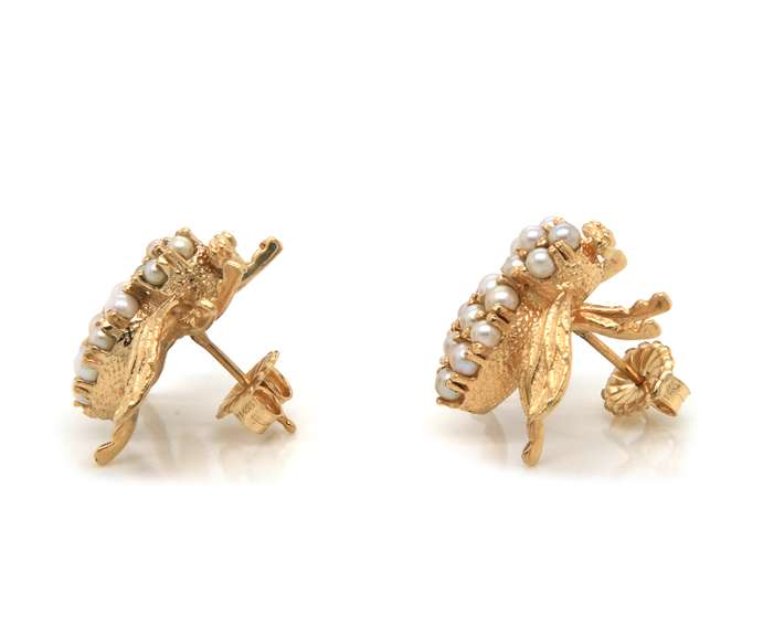 Whimsical 14kt YG White Pearl Accented Bee Shaped Earrings