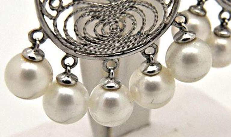 6MM CULTURED PEARL AND DIAMOND CHANDELIER EARRINGS.