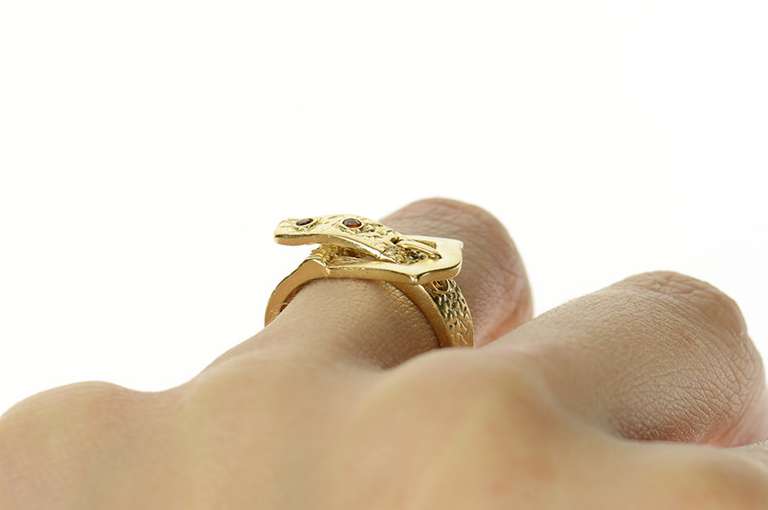 14K Yellow Gold Garnet Textured Belt Buckle Statement Band Ring