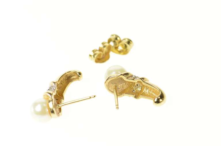 14K Yellow Gold Pearl Diamond Accent Semi Hoop Stud Earrings