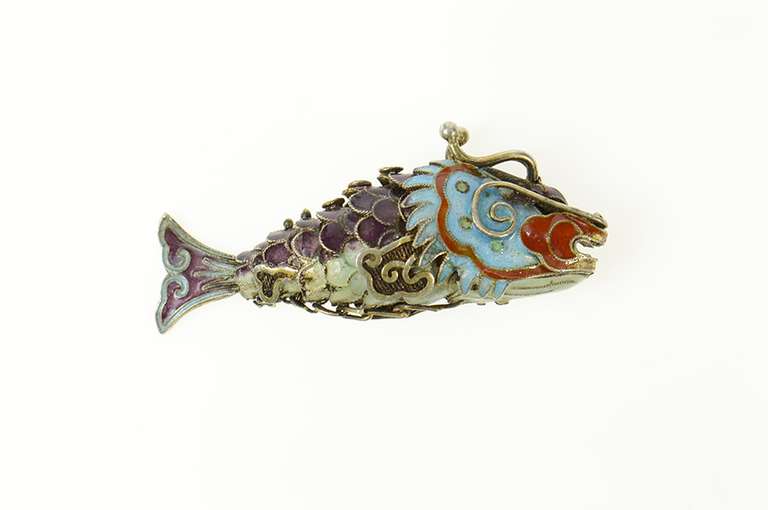 Sterling Silver 3D Ornate Articulated Fish Chinese Stylized Pendant