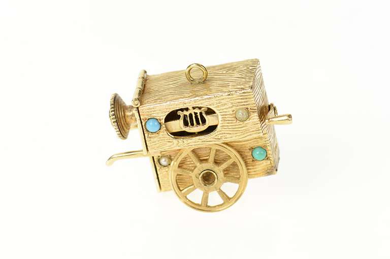 14K Yellow Gold Ornate Seed Pearl Calliope Music Box Charm/Pendant