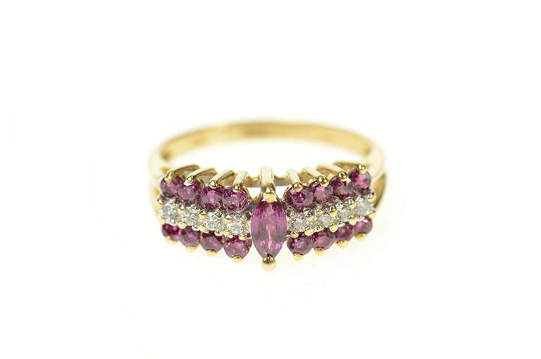 14K Yellow Gold Marquise Ruby Diamond Tiered Statement Ring