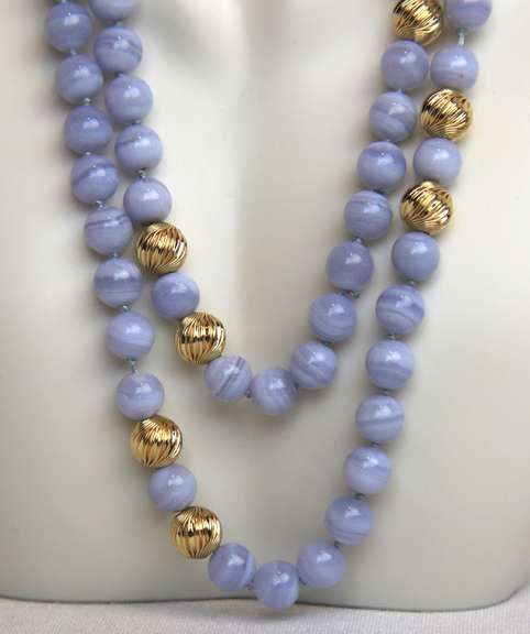 Majestic Blue Chalcedony Beads with Yellow Gold Beads Nekclace