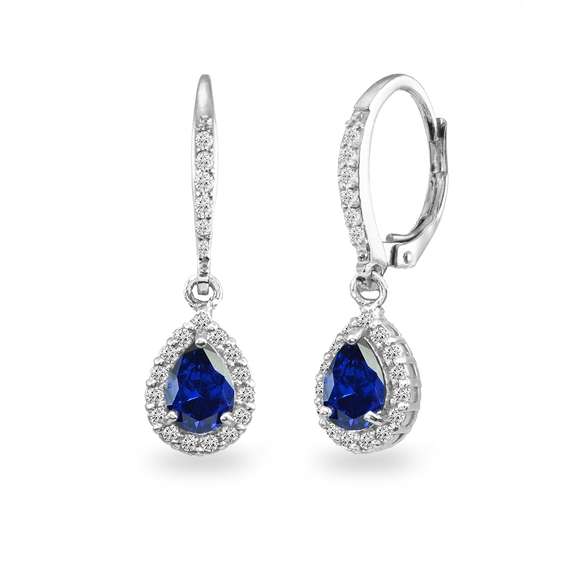 925 Silver Created Blue Sapphire Teardrop Dangle Halo Earrings with White Topaz