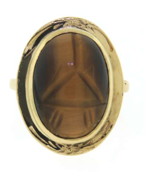 Graceful Carved Scarab Oval Cabochon Tiger Eye Ring