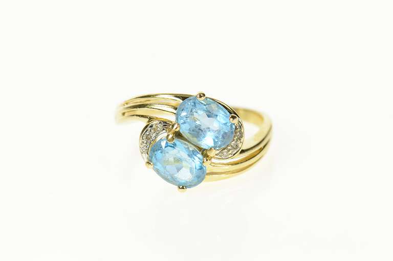 14K Yellow Gold Blue Topaz Diamond Accent Ornate Bypass Ring